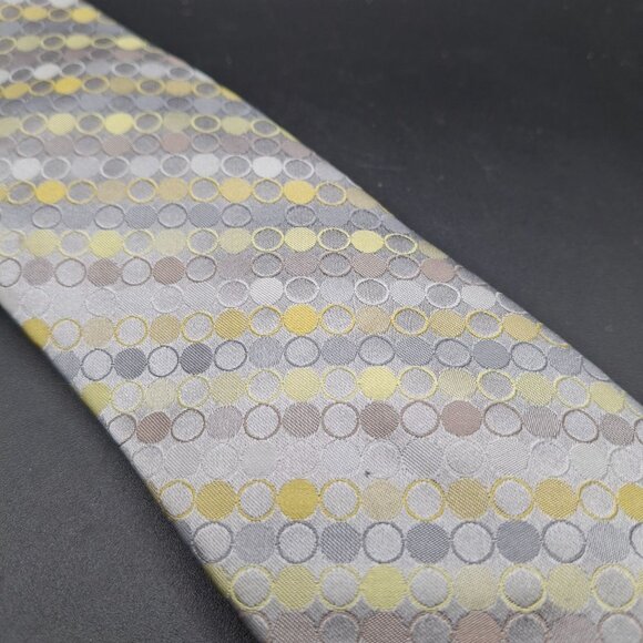 Calvin Klein 100% Silk Tie With Circle Pattern In Gray & Yellow - Picture 2 of 5